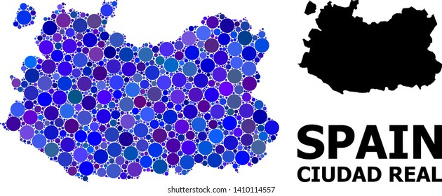 Blue round spot mosaic and solid map of Ciudad Real Province. Vector geographic map of Ciudad Real Province in blue color shades. Abstract collage is composed with randomized round items.