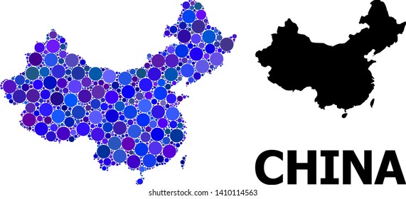 Blue round spot mosaic and solid map of China. Vector geographic map of China in blue color shades. Abstract composition is combined from randomized round elements.