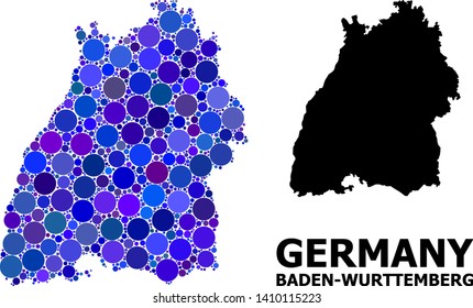 Blue round spot mosaic and solid map of Baden-Wurttemberg State. Vector geographic map of Baden-Wurttemberg State in blue color variations.