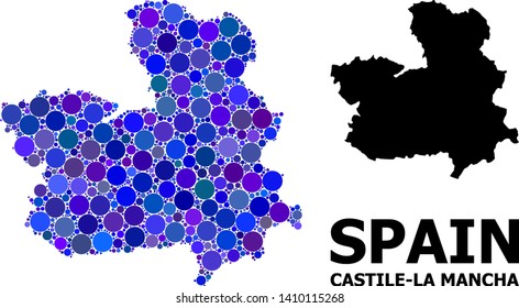 Blue round spot mosaic and solid map of Castile-La Mancha Province. Vector geographic map of Castile-La Mancha Province in blue color tints. Abstract concept is done with scattered round elements.