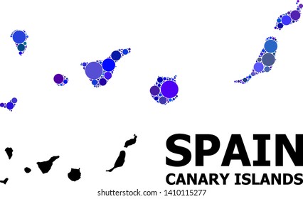 Blue round spot mosaic and solid map of Canary Islands. Vector geographic map of Canary Islands in blue color tints. Abstract composition is combined with randomized round elements.