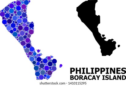 Blue round spot mosaic and solid map of Boracay Island. Vector geographic map of Boracay Island in blue color hues. Abstract concept is constructed from random round dots.