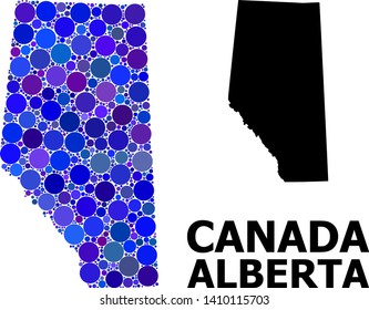 Blue round spot mosaic and solid map of Alberta Province. Vector geographic map of Alberta Province in blue color tinges. Abstract mosaic is composed from randomized spheric items.