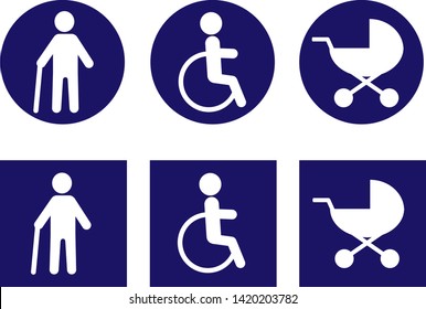 Blue round and square stickers this a person in a wheelchair, man with a disability and elderly on crutches, baby stroller, vector icons.