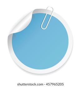 Blue round sticker with paperclip vector illustration isolated on white background