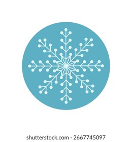 Blue round sticker with snowflake outline icon. Winter ornament as cold icy package lid decoration for christmas. Snow flake style, perfect for seasonal box, holiday seal and product branding.