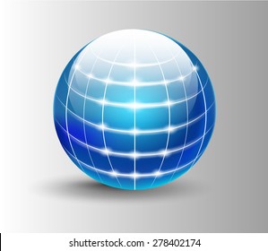 Blue Round surround the ball. The parallels and meridians intersect. Glowing items. Glass sphere. vector