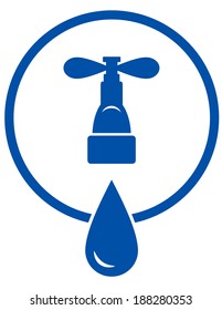 blue round symbol with tap and big droplet in frame