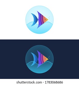 una plantilla redonda azul con peces coloridos y olas en tres variantes de color aisladas sobre un fondo blanco