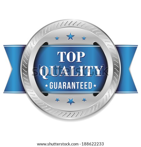 Blue round top quality badge with ribbon