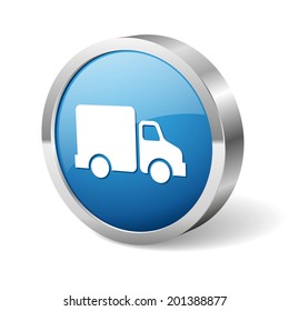 Blue round truck button with metallic border on white background