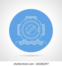 Blue round vector icon with white line old style depth helmet for scuba diving on gray background. 