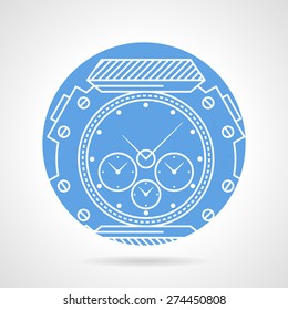 Blue Round Vector Icon With White Line Sports Wrist Watch With Chronograph And Tachymeter On Gray Background.