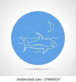 Blue round vector icon with white line floating shark, night seascape on gray background. 