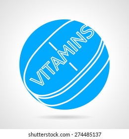 Blue round vector icon with white line tablet of vitamins complex on white background. 
