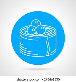 Blue round vector icon with white line sushi roll with caviar on gray background. 