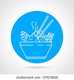 Blue round vector icon with white line dish with boiled rice, vegetables and chopsticks on gray background. Asian food menu