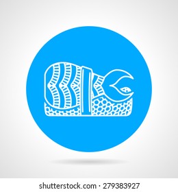 Blue round vector icon with white line sushi with shrimp on gray background.