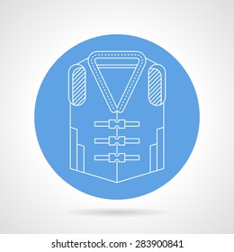 Blue round vector icon with white line safe waistcoat on gray background.