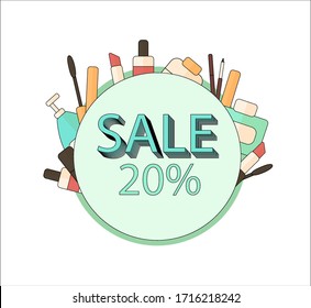 Ilustración vectorial circular azul: Venta de cosméticos al 20% con artículos de maquillaje