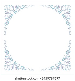 Blue round vegetal ornamental frame with leaves and pink flowers, decorative border, corners for greeting cards, banners, business cards, invitations, menus. Isolated vector illustration.