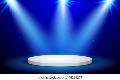 Blue Round Winner Podium On Blue Background. Stage With Studio Lights For Awards Ceremony. Spotlights Illuminate. Vector Illustration. 