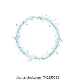 blue round wreath from grass, twigs and lilac flowers isolated on white background. Floral circle garland for greeting cards. Vector illustration. Tender fantasy clip art. Text box