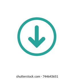 blue rounded arrow down in blue circle icon.  flat download sign isolated on white. point down button. south sign.