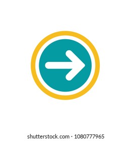 blue rounded arrow down in blue and orange circle icon.  flat download sign isolated on white. point down button. south sign.