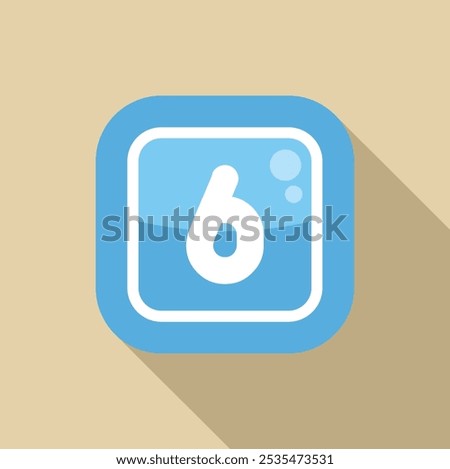 Blue rounded square icon is casting a long shadow on a light brown background, with the number six in the center