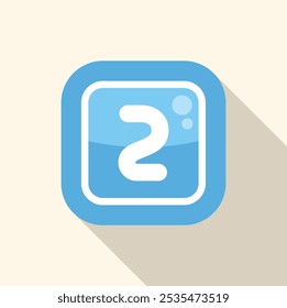 Blue rounded square icon with long shadow, showing number two, for application button or web design element