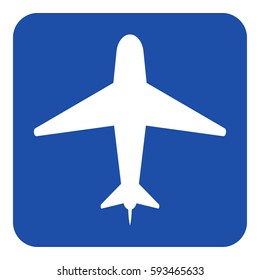 blue rounded square information road sign with white airliner icon