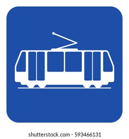 Blue Rounded Square Information Road Sign With White Tram, Streetcar Icon