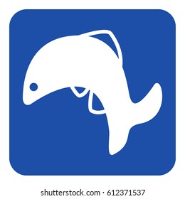 blue rounded square information road sign with white jumping fish, dolphin icon