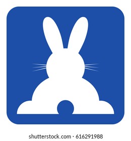 blue rounded square information road sign with white happy rabbit - rear view icon