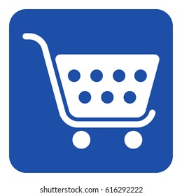 blue rounded square information road sign with white shopping cart icon