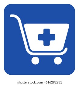 blue rounded square information road sign with white shopping cart plus, add icon