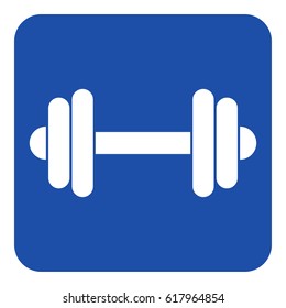 blue rounded square information road sign with white dumbbell icon