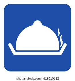 blue rounded square information road sign - white serving tray with lid and smoke icon