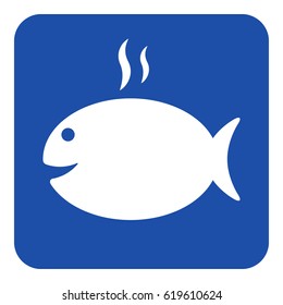 blue rounded square information road sign - white grilling fish with smoke icon