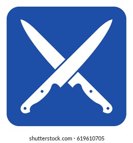 blue rounded square information road sign with white two crossed kitchen knives icon