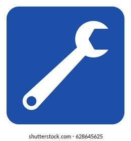 blue rounded square information road sign with white spanner icon