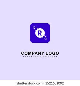 blue rounded square with planet R logo letter simple technology design concept isolated on gray background. vector illustration
