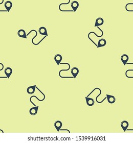 Blue Route location icon isolated seamless pattern on yellow background. Map pointer sign. Concept of path or road. GPS navigator.  Vector Illustration