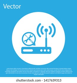 Blue Router wi-fi with screwdriver and wrench icon isolated on blue background. Adjusting, service, setting, maintenance, repair, fixing. White circle button. Vector Illustration