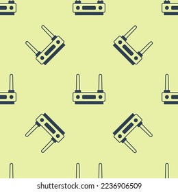 Blue Router and wi-fi signal icon isolated seamless pattern on yellow background. Wireless ethernet modem router. Computer technology internet.  Vector