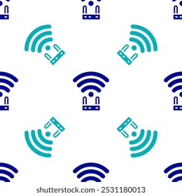 Blue Router and wi-fi signal icon isolated seamless pattern on white background. Wireless ethernet modem router. Computer technology internet.  Vector