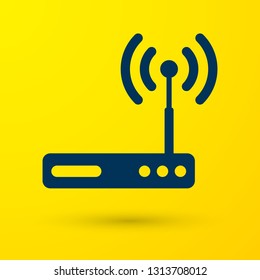 Blue Router and wi-fi signal symbol icon isolated on yellow background. Wireless ethernet modem router. Computer technology internet. Vector Illustration