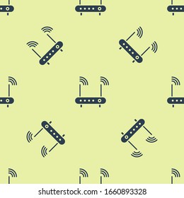 Blue Router and wi-fi signal symbol icon isolated seamless pattern on yellow background. Wireless ethernet modem router. Computer technology internet.  Vector Illustration