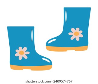 Botas azules de goma con una flor. Ilustración vectorial moderna. Elemento aislado para su diseño.